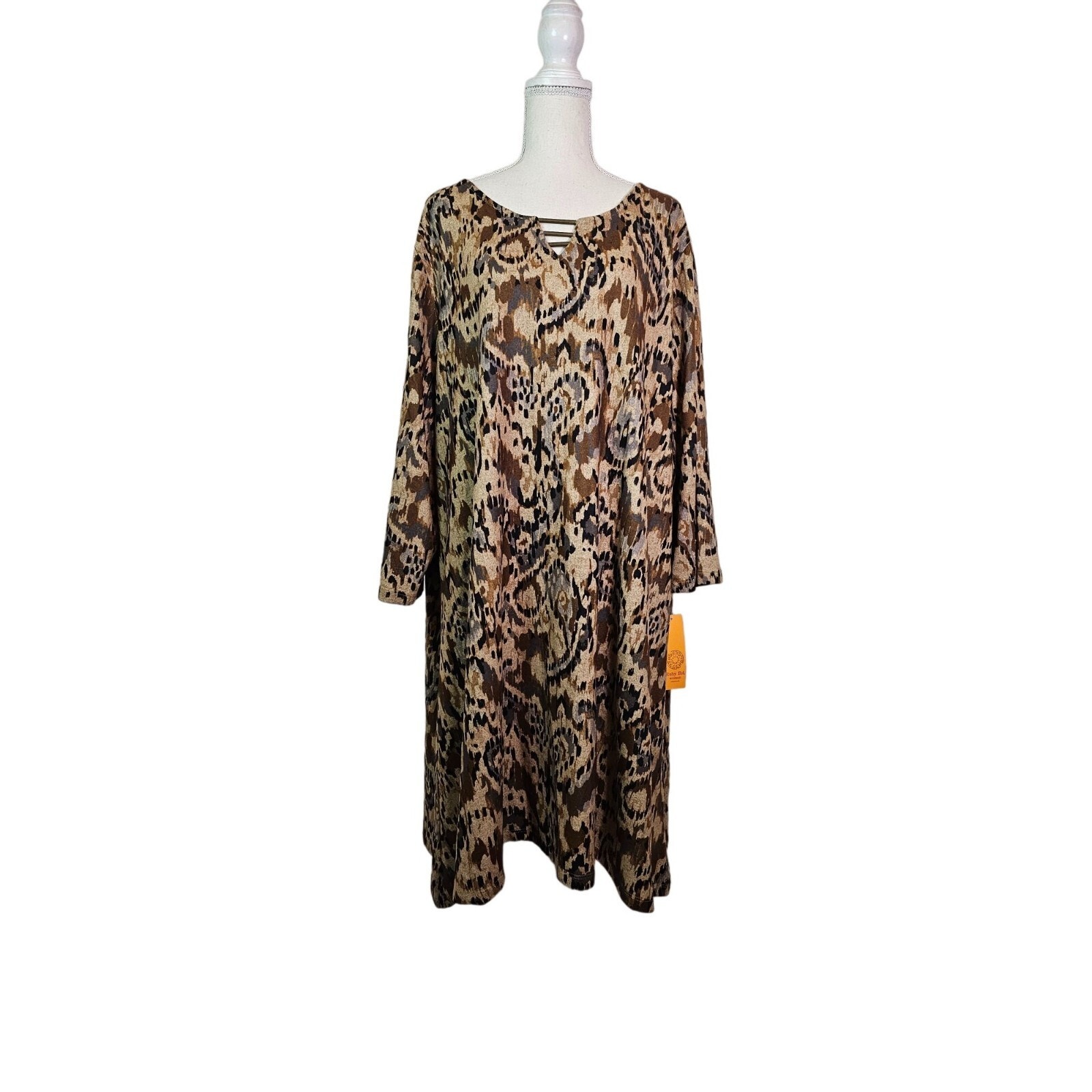 Ruby Rd. Women's Shift Dress Size 2x V-Neck, 3/4 Sleeve Animal Print Brown Black
